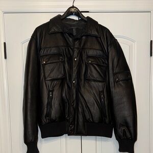DKNY  100% Lamb Skin Leather Men's Black Bomber Jacket like NEW